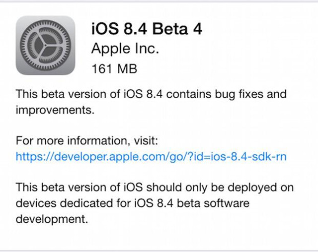 苹果发iOS8.4 Beta4：正式版月底到来 